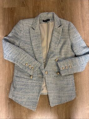 Central Park West powder blue tweed blazer for summer style